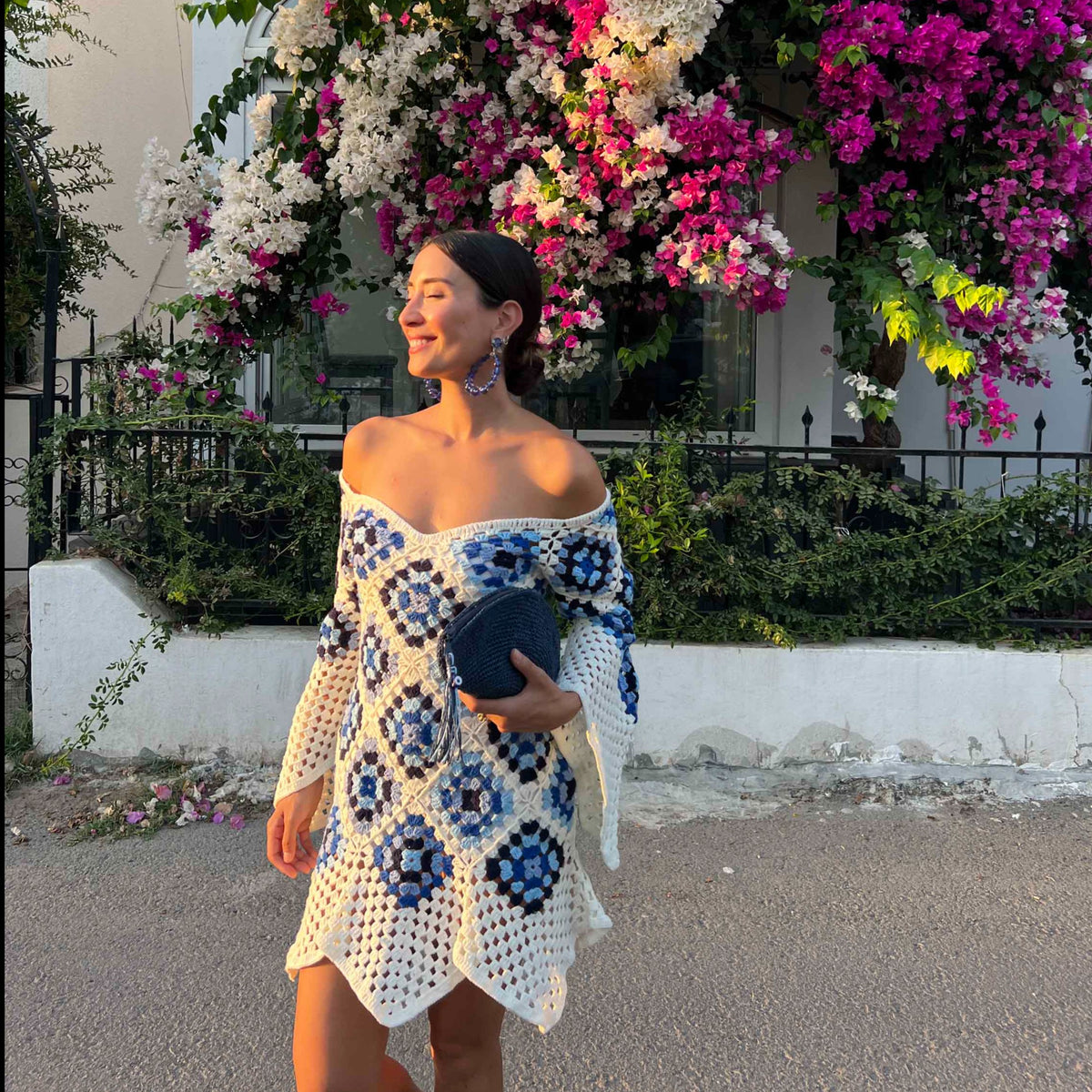 Mykonos Crochet Dress / Blue - White