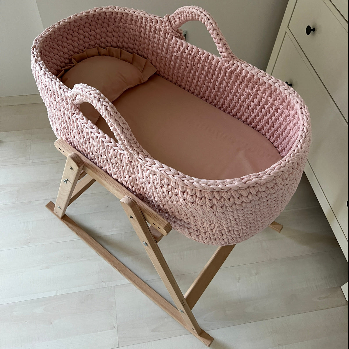 Angel Hand-Knitted Baby Bassinet - Pastel Pink