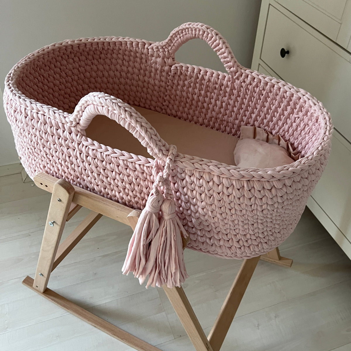 Angel Hand-Knitted Baby Bassinet - Pastel Pink