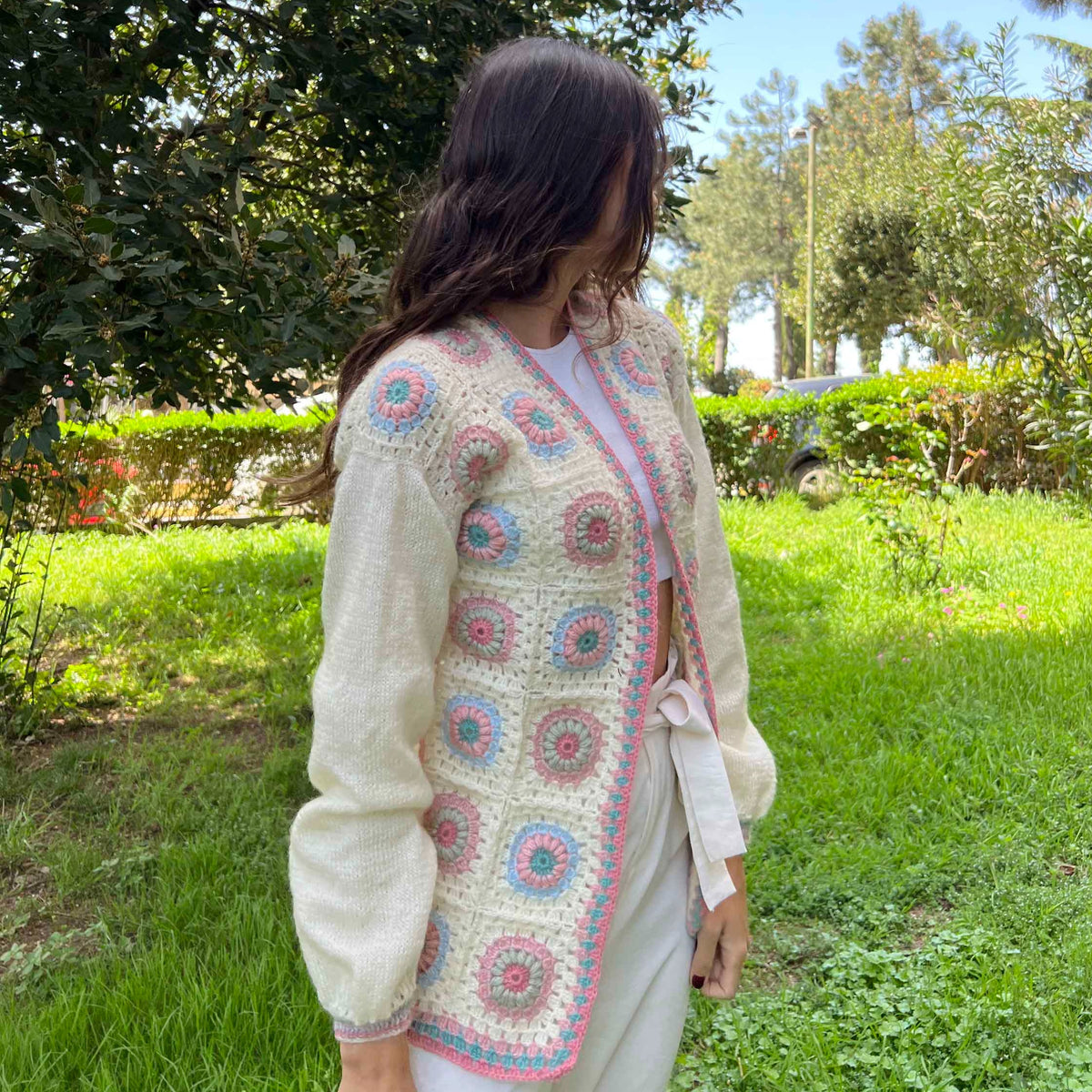 Lucy Angora Crochet Cardigan - Rose / Blue / Seafoam