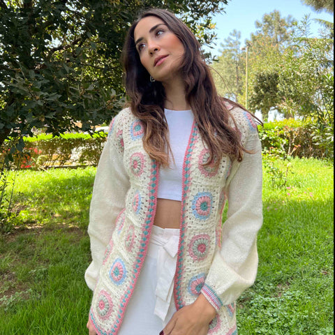 Lucy Angora Crochet Cardigan - Rose / Blue / Seafoam