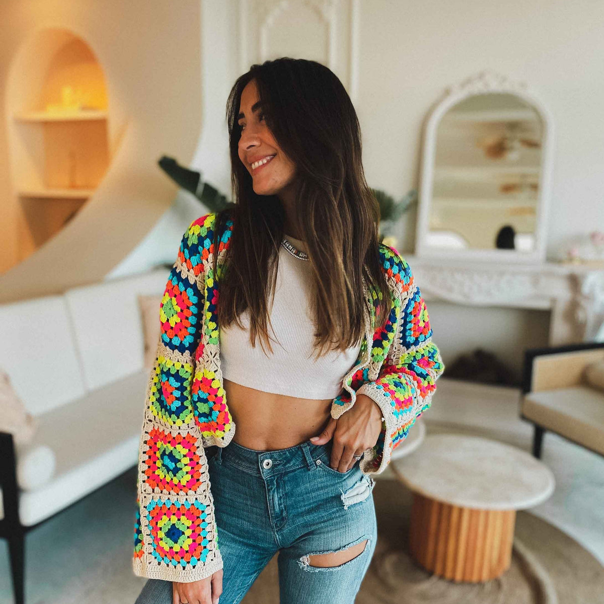 Luna Crochet Crop Cardigan - Neons / Ivory