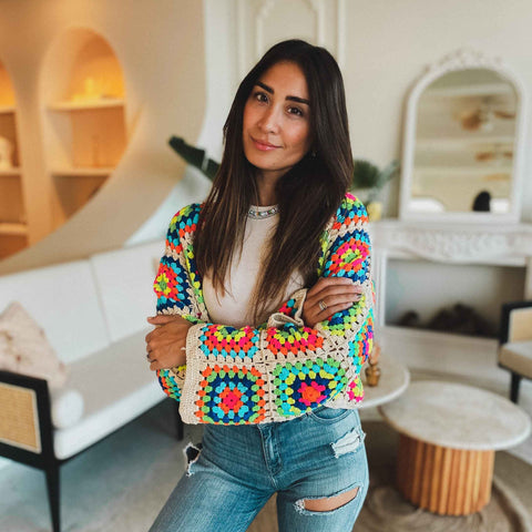 Luna Crochet Crop Cardigan - Neons / Ivory