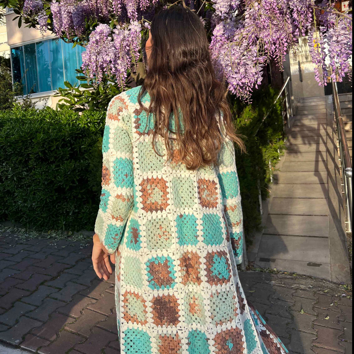 Hazel Crochet Maxi Cardigan - Turquoise / Brown