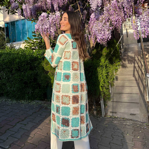 Hazel Crochet Maxi Cardigan - Turquoise / Brown