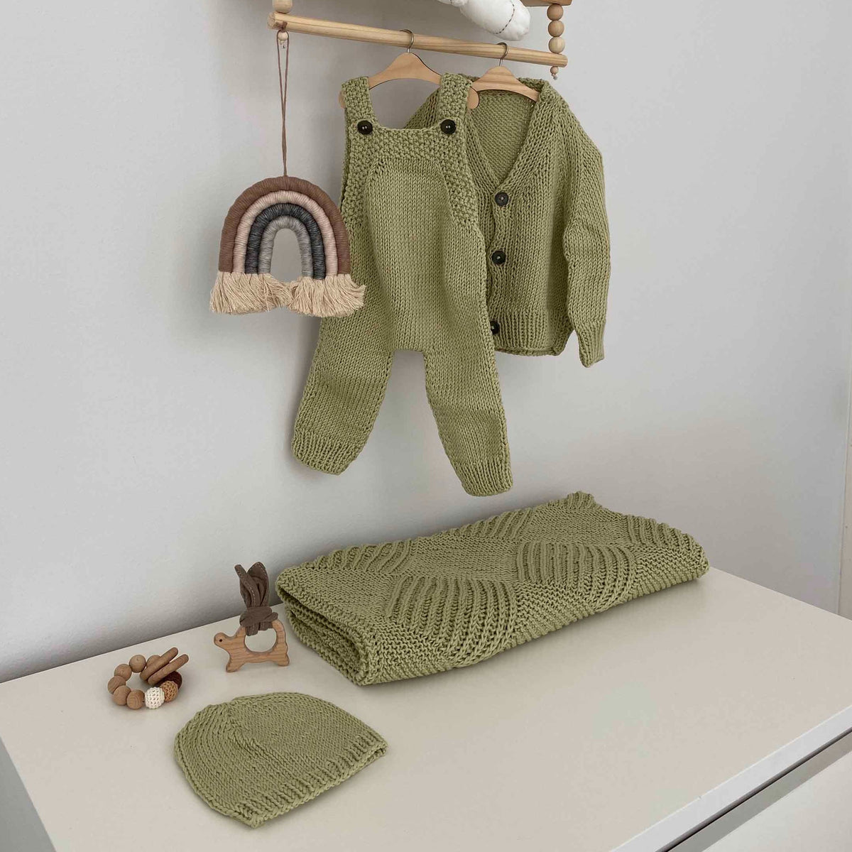 Sage Baby Romper, Cardigan, Blanket and Beanie Set - Green