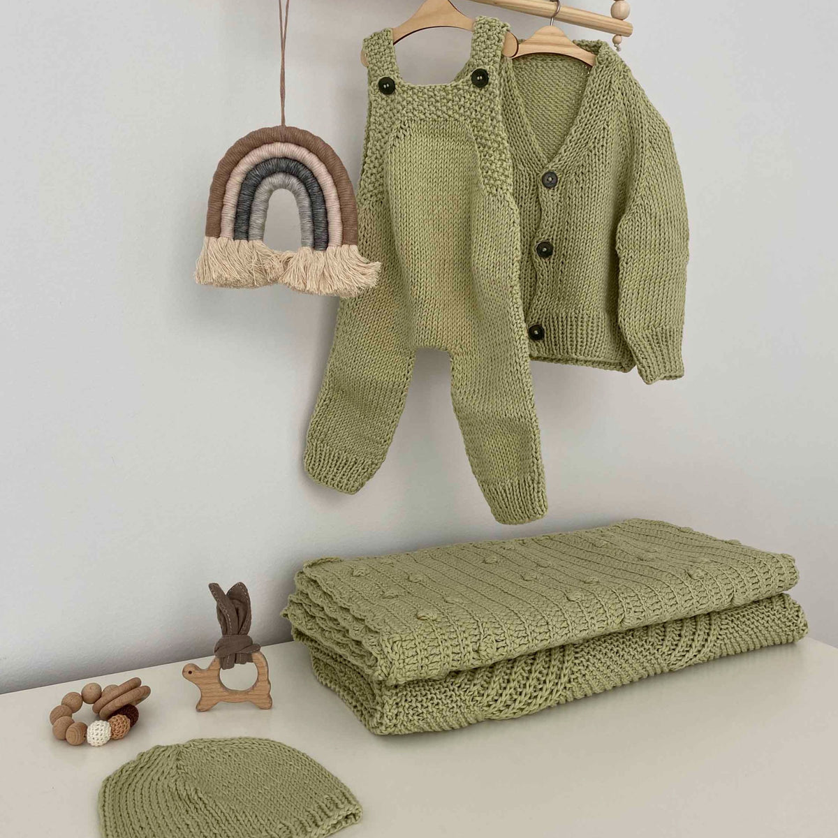 Sage Baby Romper, Cardigan, Blanket and Beanie Set - Green